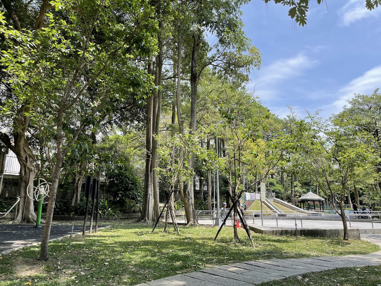紫陽公園綠意濃密，設有遊具與步道