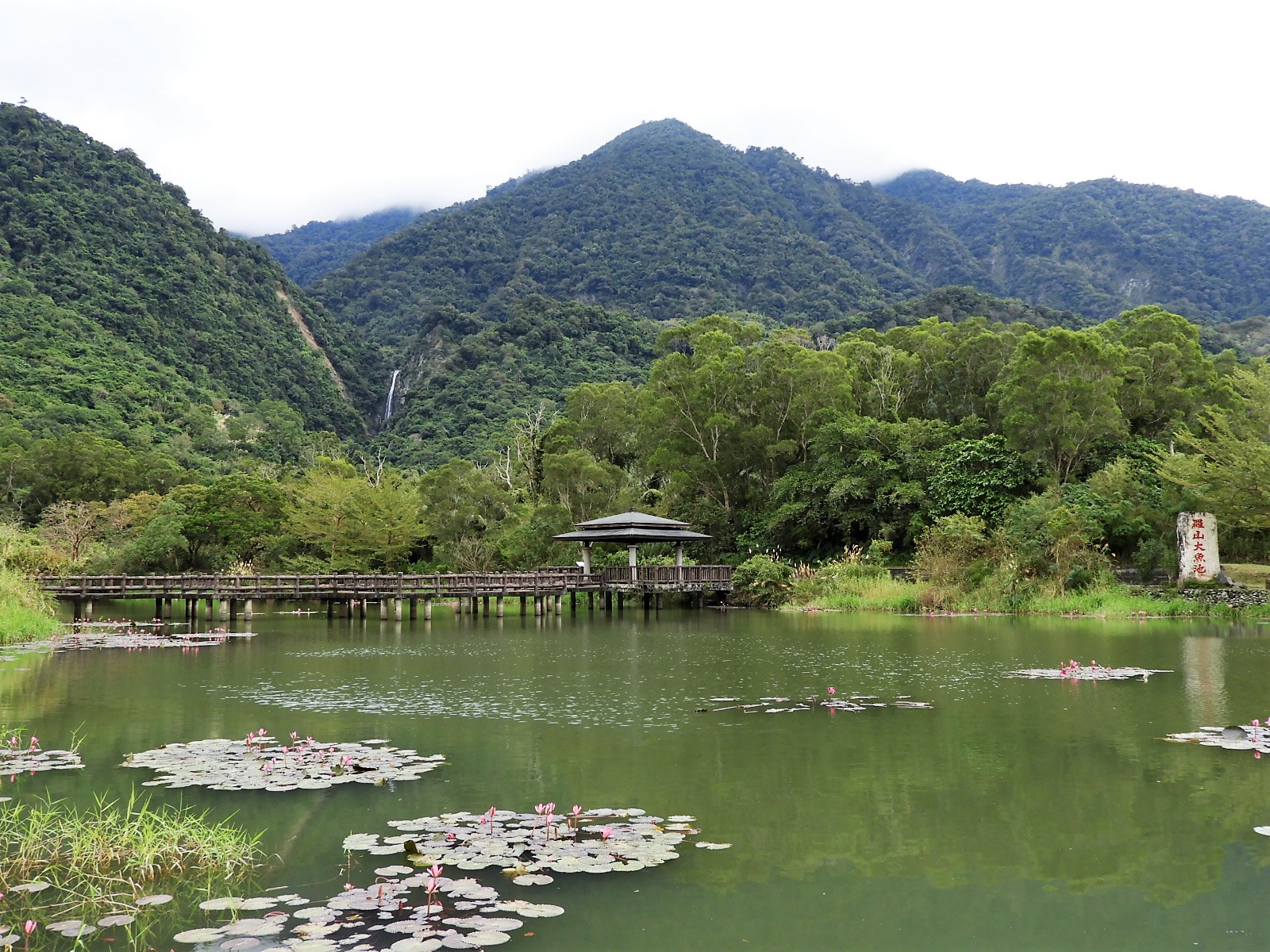 羅山生態村荷花池木棧道羅山瀑布背景