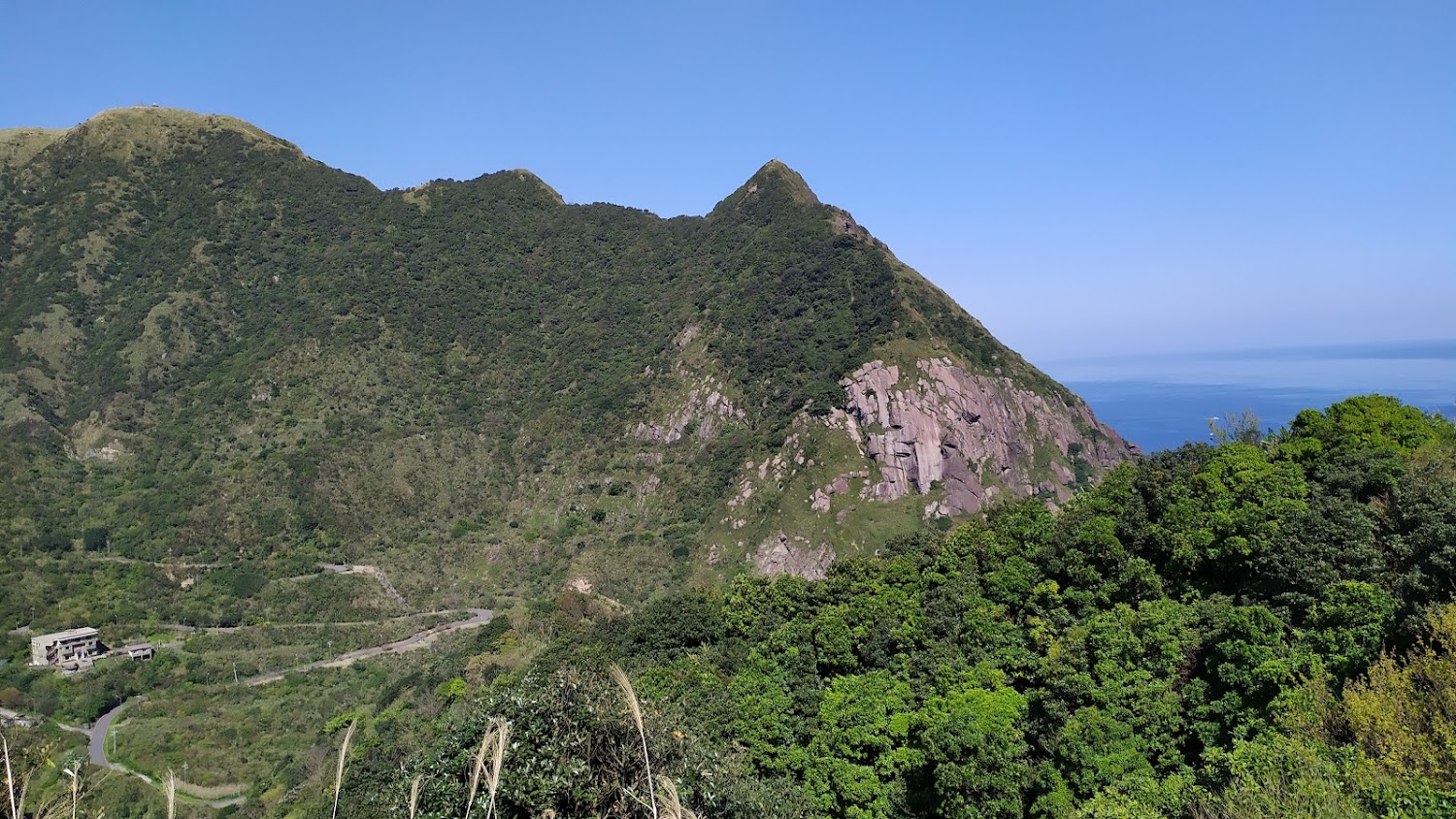 山巒樹林與遠方海洋景色