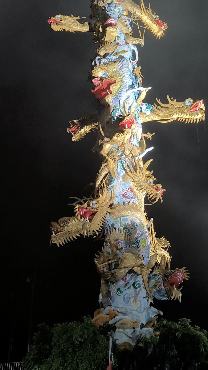 夜間燈光照亮的慈德宮十九龍柱,金龍盤繞在黑色夜空中