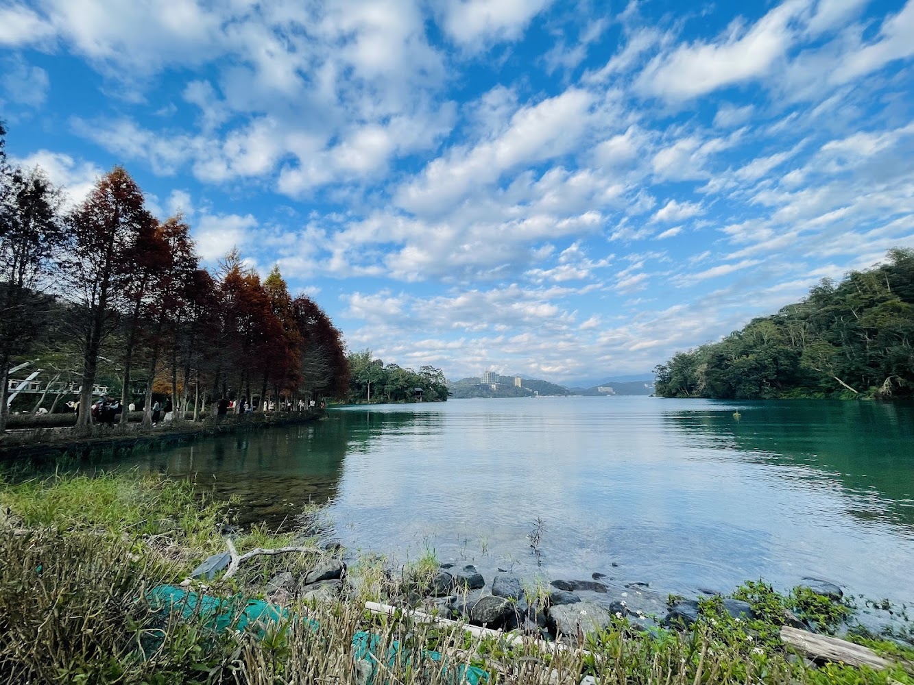 寧靜湖泊與紅褐色樹列