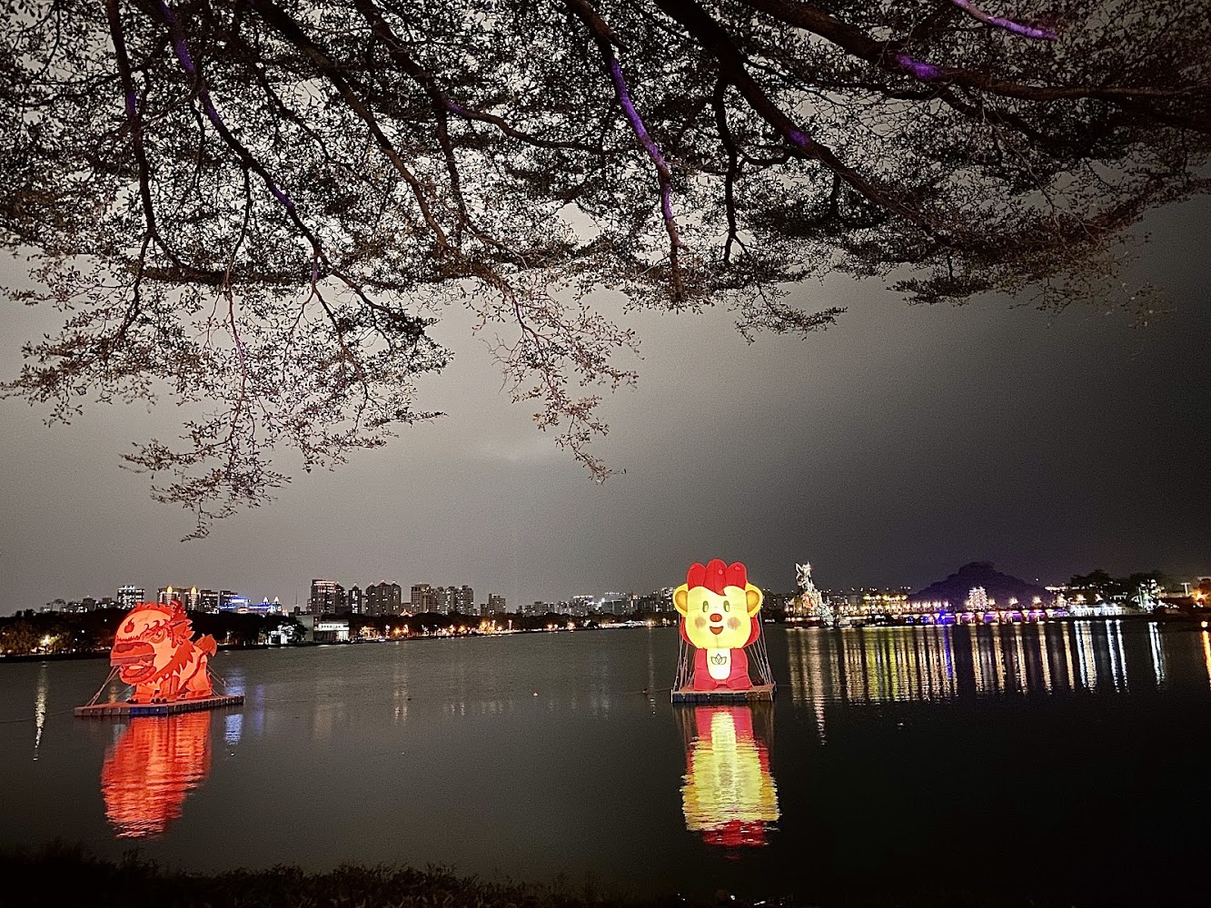 蓮池潭夜間水上燈會裝置與城市夜景