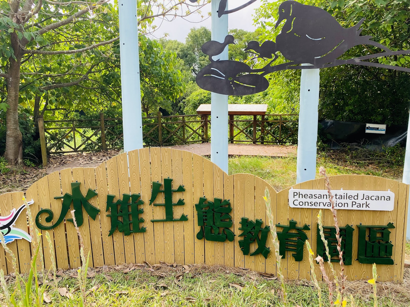 水雉生態教育園區庭園入口黃色圍籬與Pheasant-tailed Jacana Conservation Park指示牌