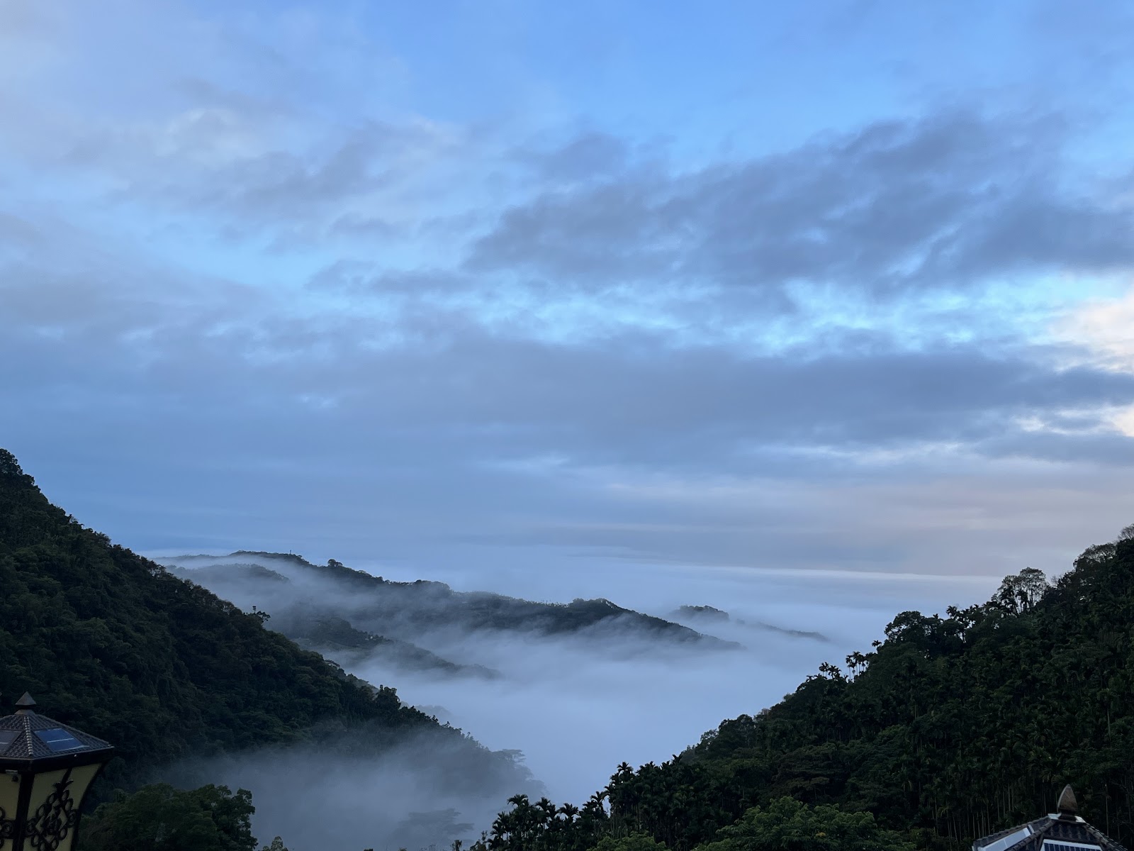 蓬萊山清水岩寺俯瞰南投山谷絕美雲海，白霧在山林間流動
