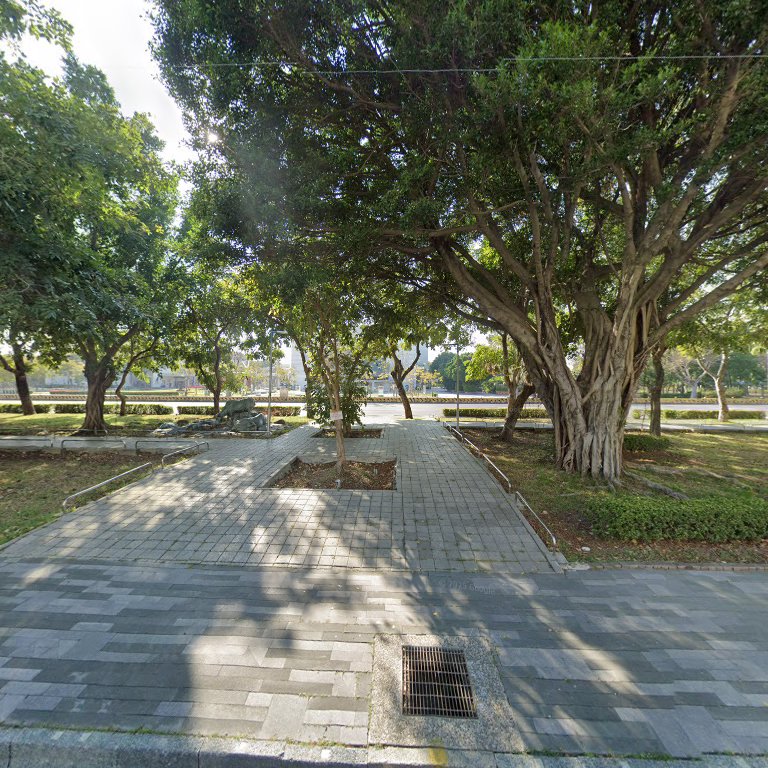 大型樹木環繞的清幽公園鋪面步道景色