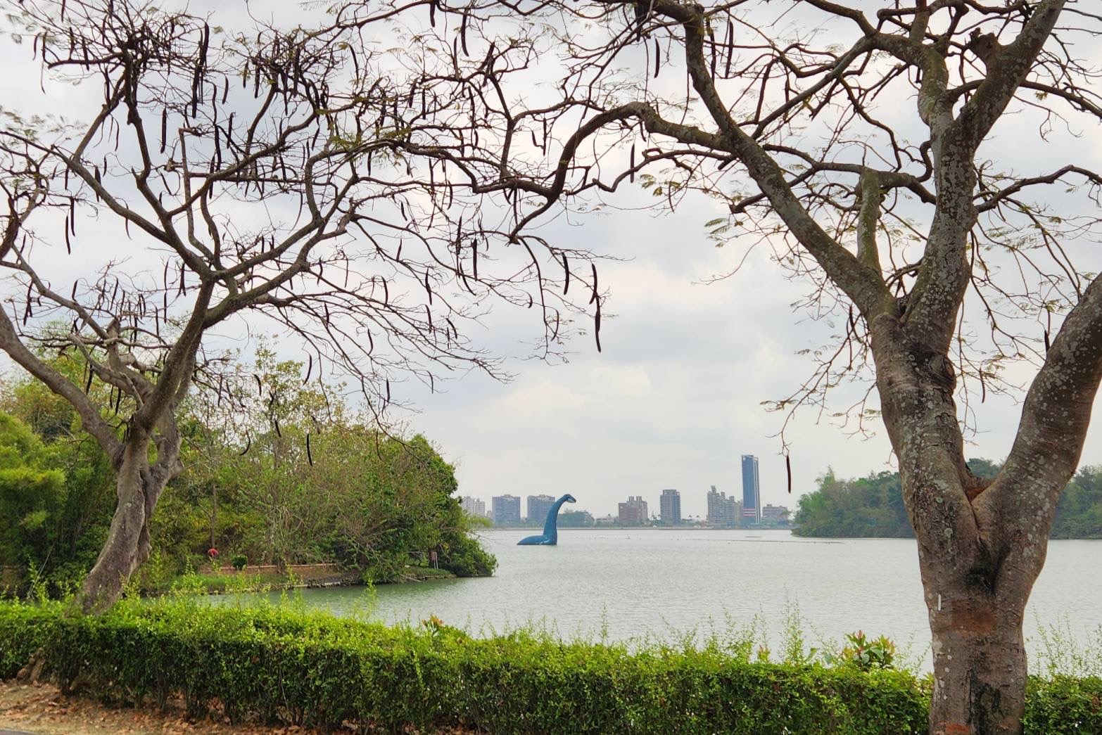 澄清湖湖面尼斯湖水怪藍色雕塑,背景高雄市區大樓,特色地標打卡景點
