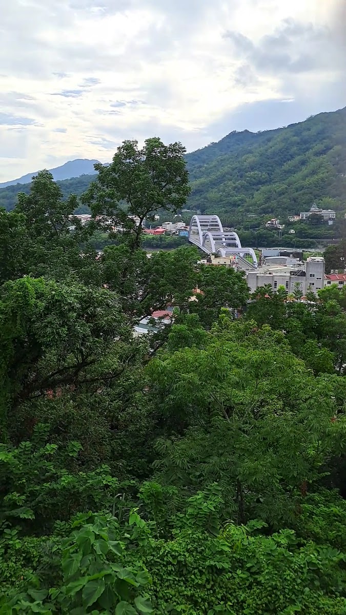 甲仙公園高點俯瞰市區翠綠林木前景白色拱橋楠梓仙溪山巒環繞