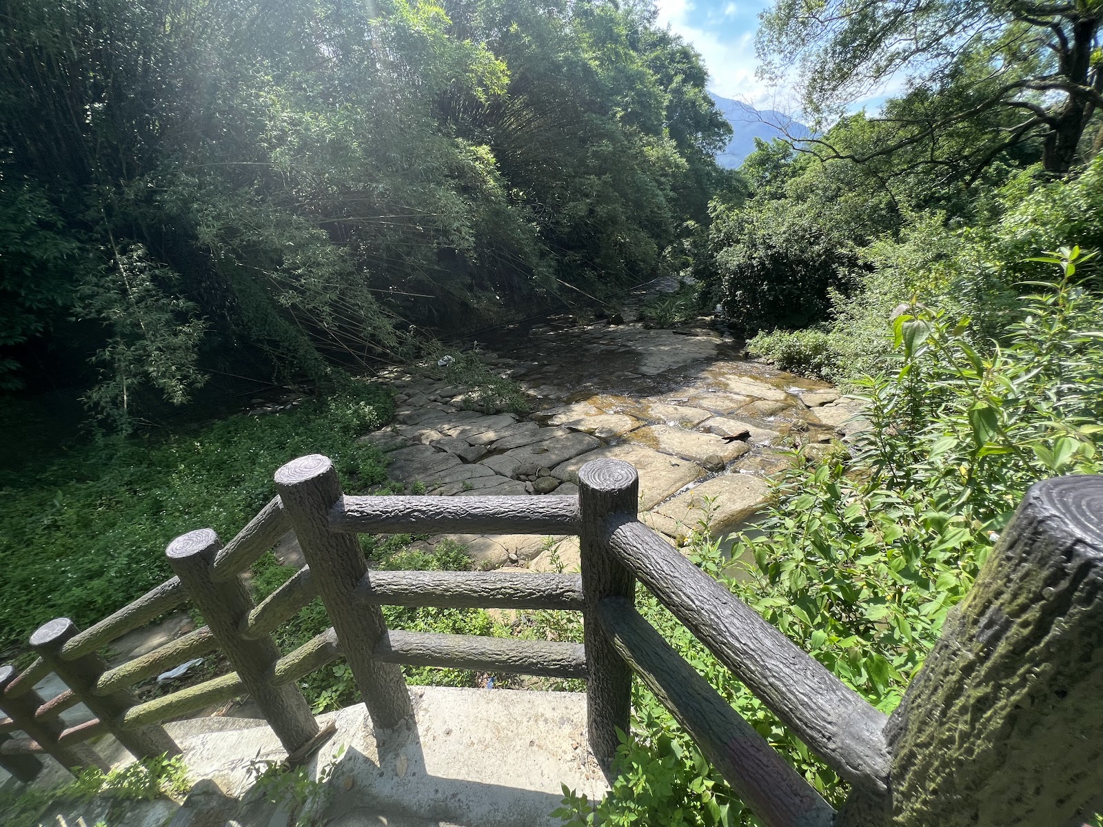 從木棧道俯瞰仙洞坪棋盤石全景，扶手前景清晰可見