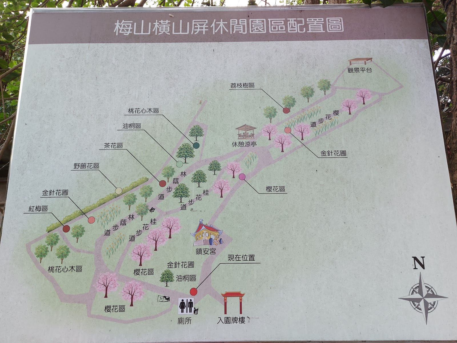 梅山橫山屏休閒園區配置圖,各花卉分區與步道地圖
