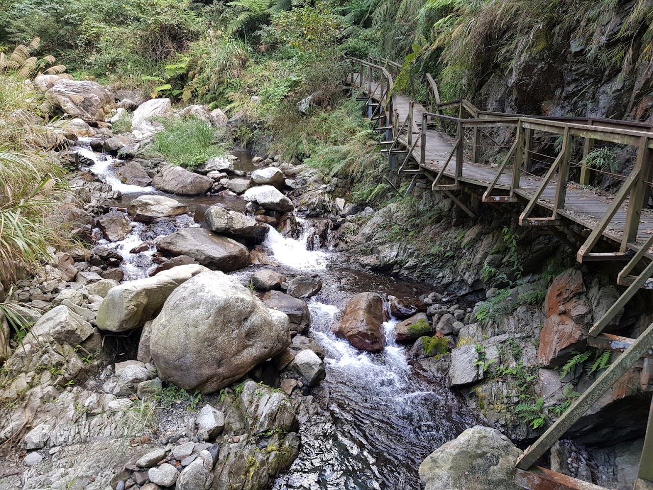 溪流岩石與山壁旁木棧道的蝴蝶谷瀑布登山口步道景觀