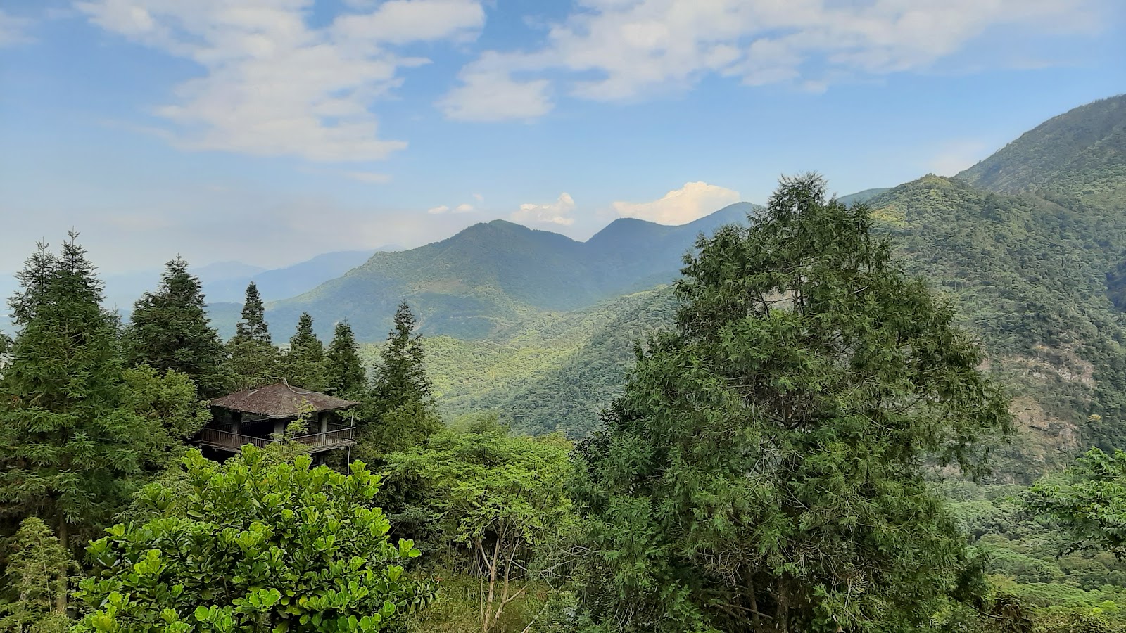 鳳凰谷鳥園木造觀景涼亭與層疊山巒