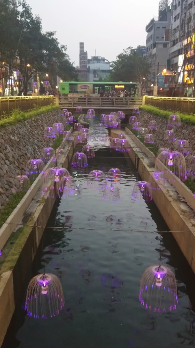 新盛綠川水道夜間紫色LED噴泉燈光,水道兩側燈光倒映水面,台中夜間景點