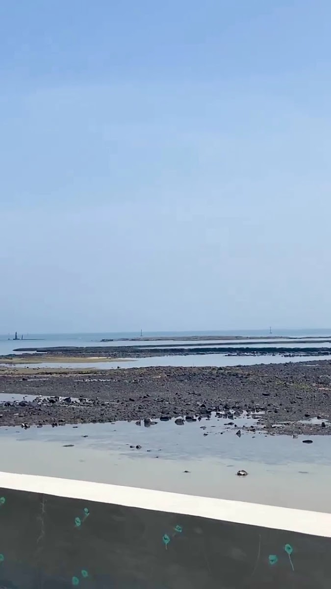 退潮時從岸邊望向石滬礁盤景觀澎湖吉貝
