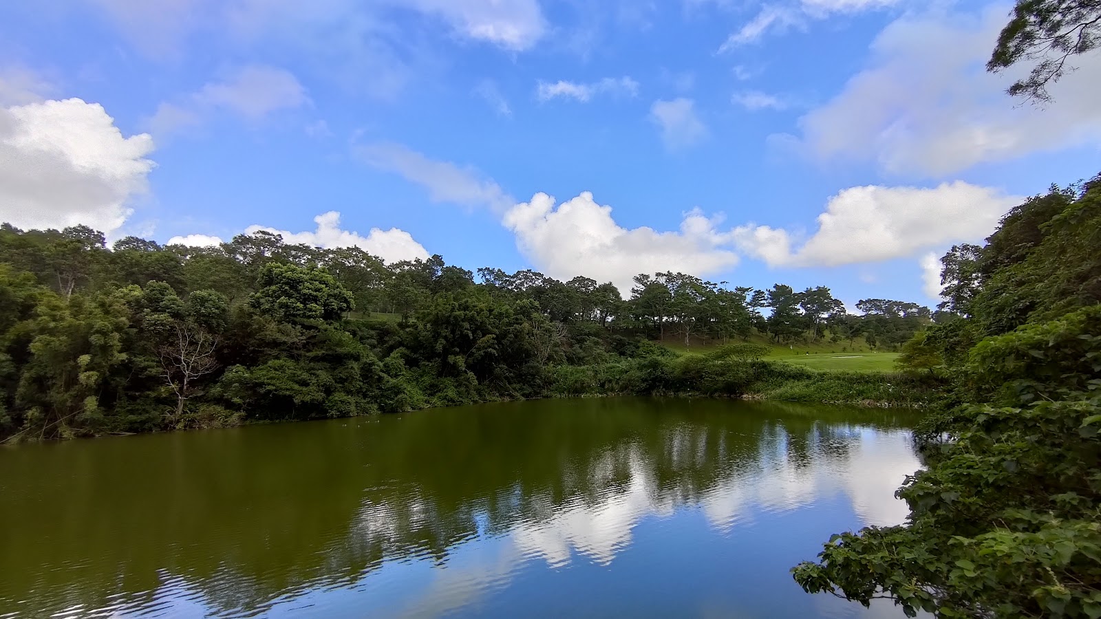 林美石磐步道靜謐水潭映照藍天白雲森林倒影宜蘭