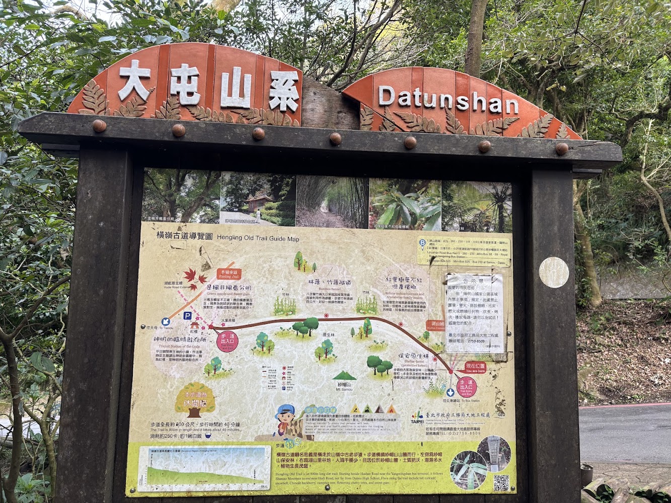 橫嶺古道的大屯山系解說牌與地圖