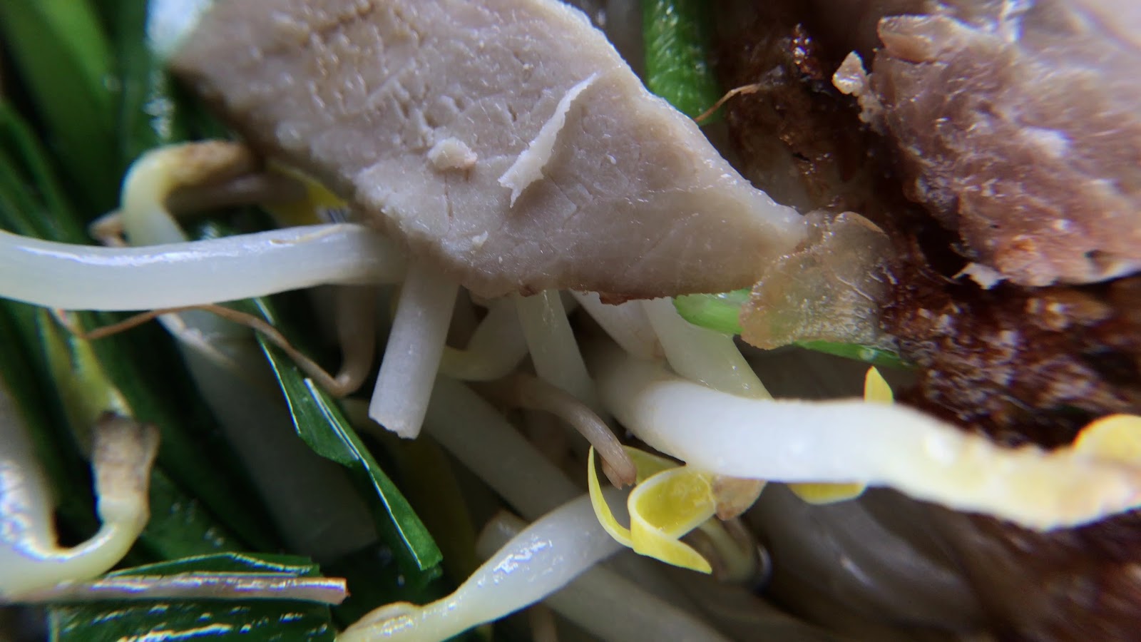 廟口粄條近拍豬肉片豆芽韭菜滷汁