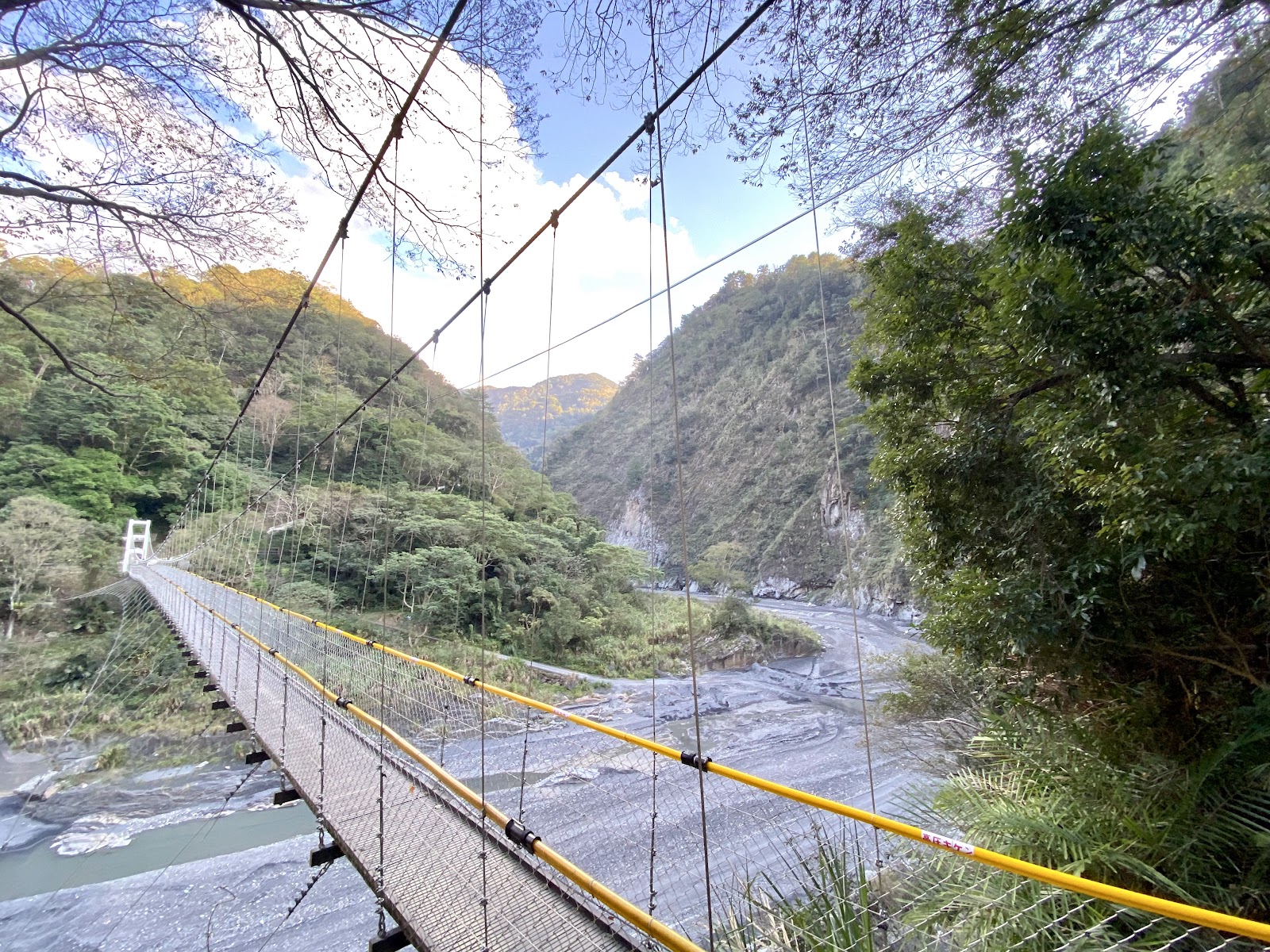 武界吊橋橋面往前延伸,兩側黃色欄杆,底下是濁水溪峽谷河床,遠方是青山