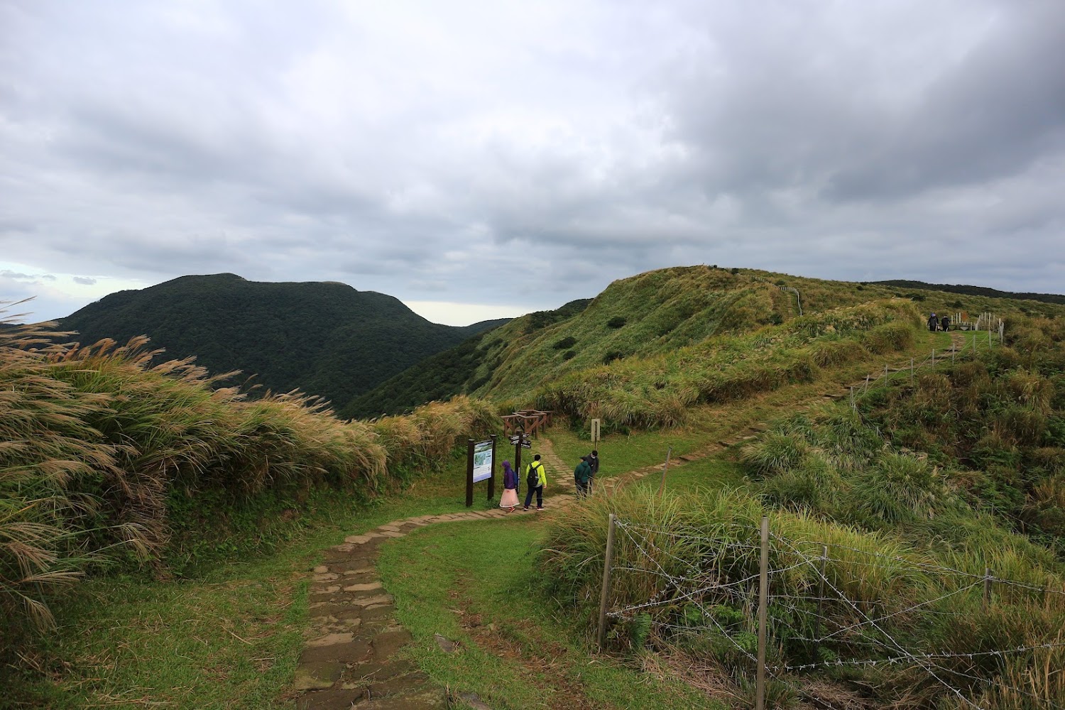 山坡步道上有登山客行走與層層山巒