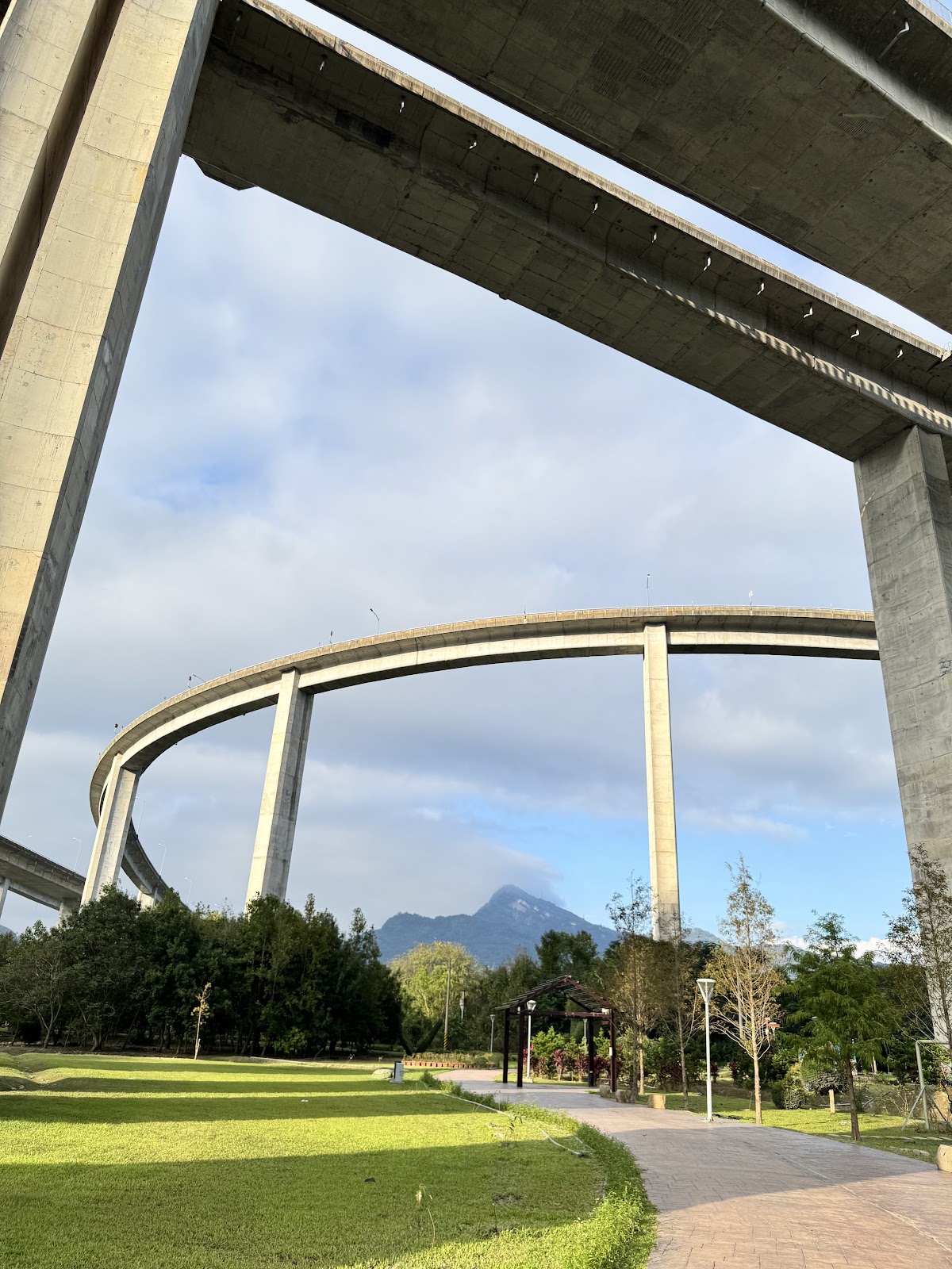 橋聳雲天綠雕園區高架橋弧線與草地藍天