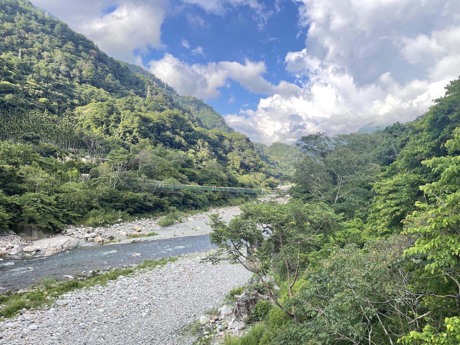 裡冷吊橋下大甲溪河谷礫石灘與遠山