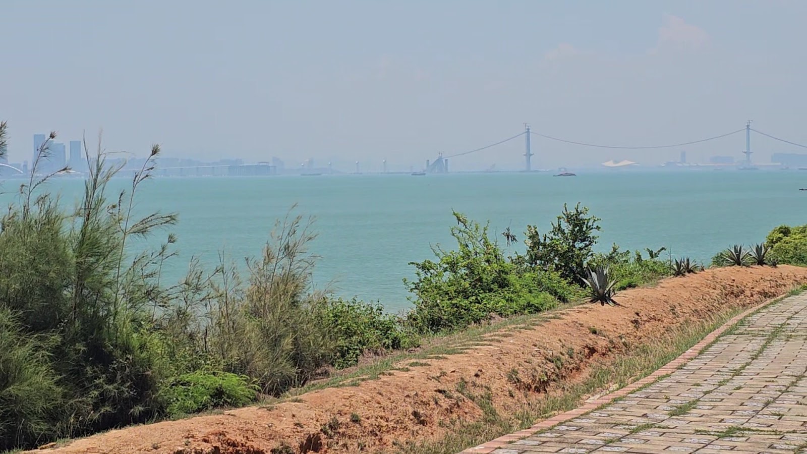 貓公石濱海步道遠眺金門大橋，海水藍綠色，步道植被為前景