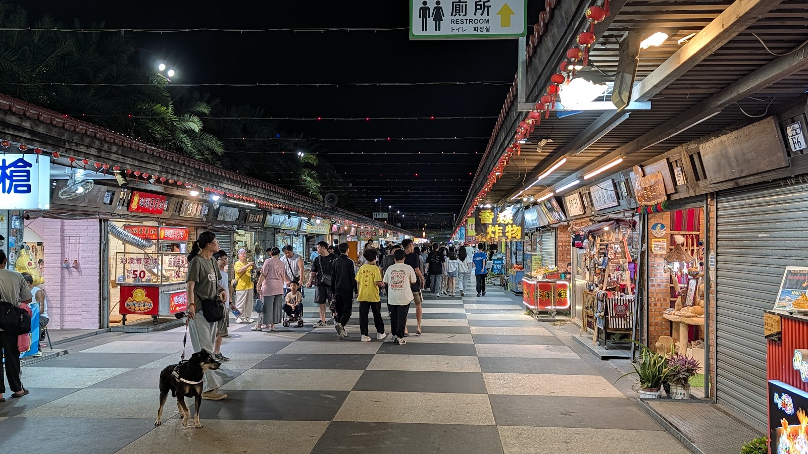 花蓮東大門夜市夜間戶外走廊,攤位燈火通明,有人牽狗散步
