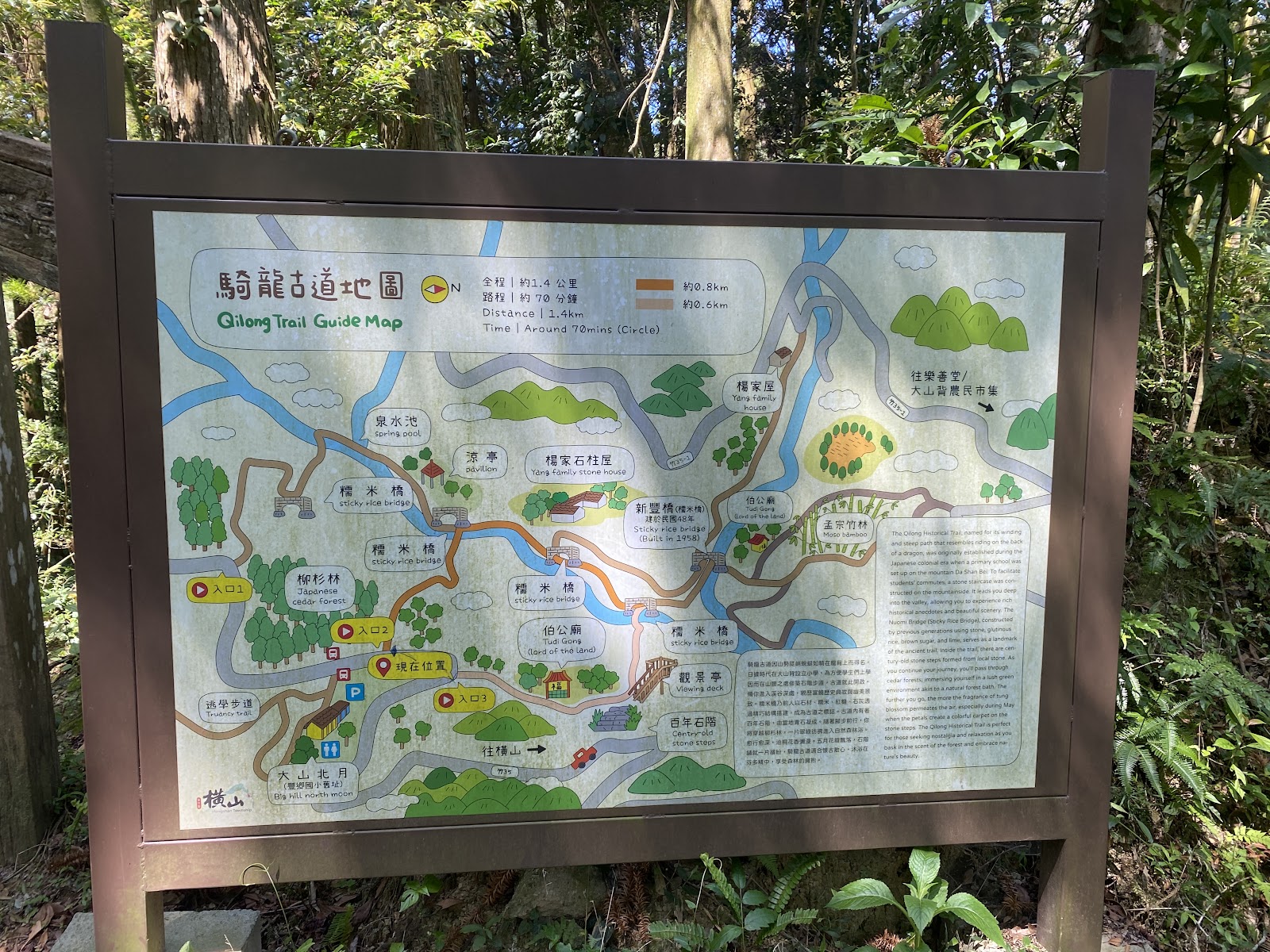 騎龍古道地圖解說牌，標示全長2.4公里，來回70分鐘路線與糯米橋位置