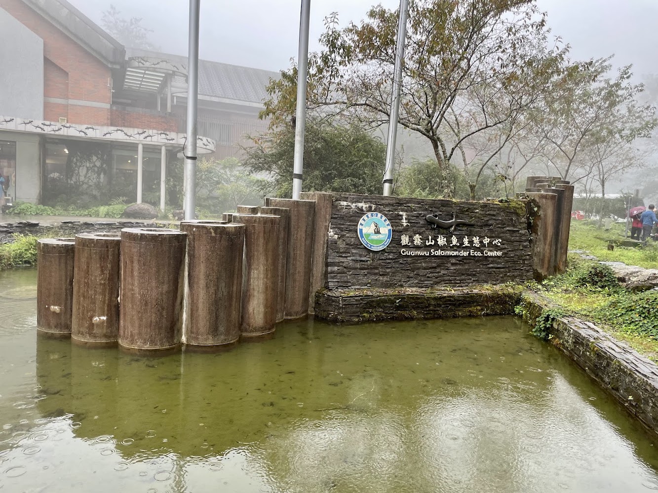 觀霧山椒魚生態中心入口標誌與霧氣場景