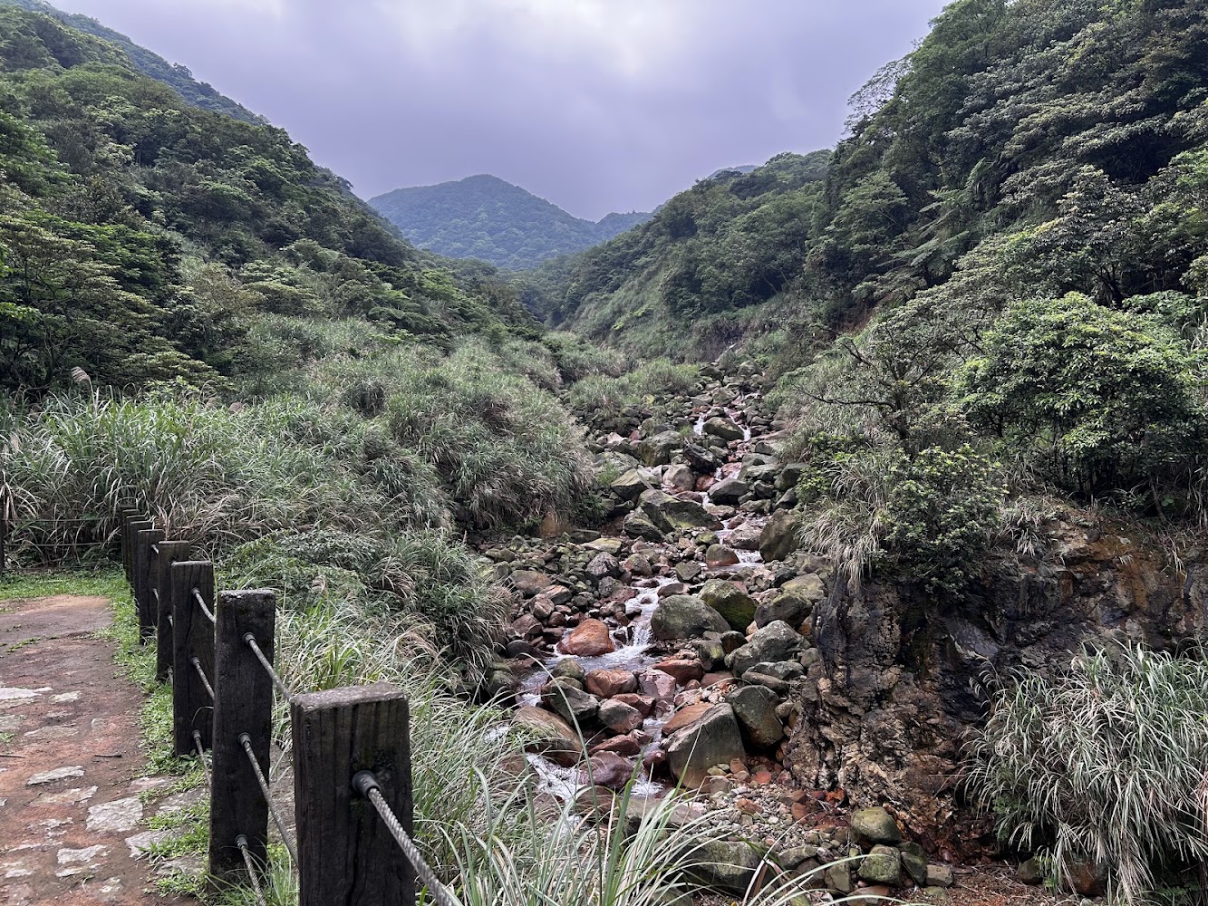 溪流旁設有木樁繩索的步道路段