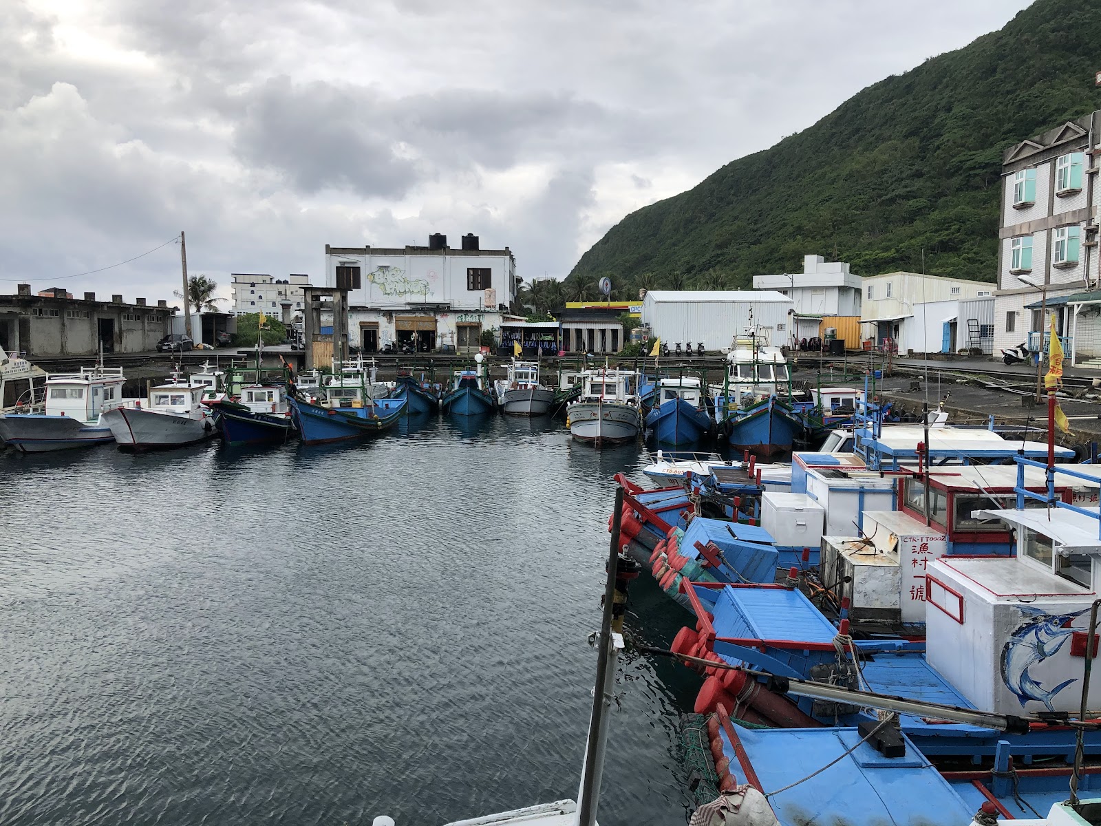 綠島南寮漁港停泊漁船與綠色山丘背景