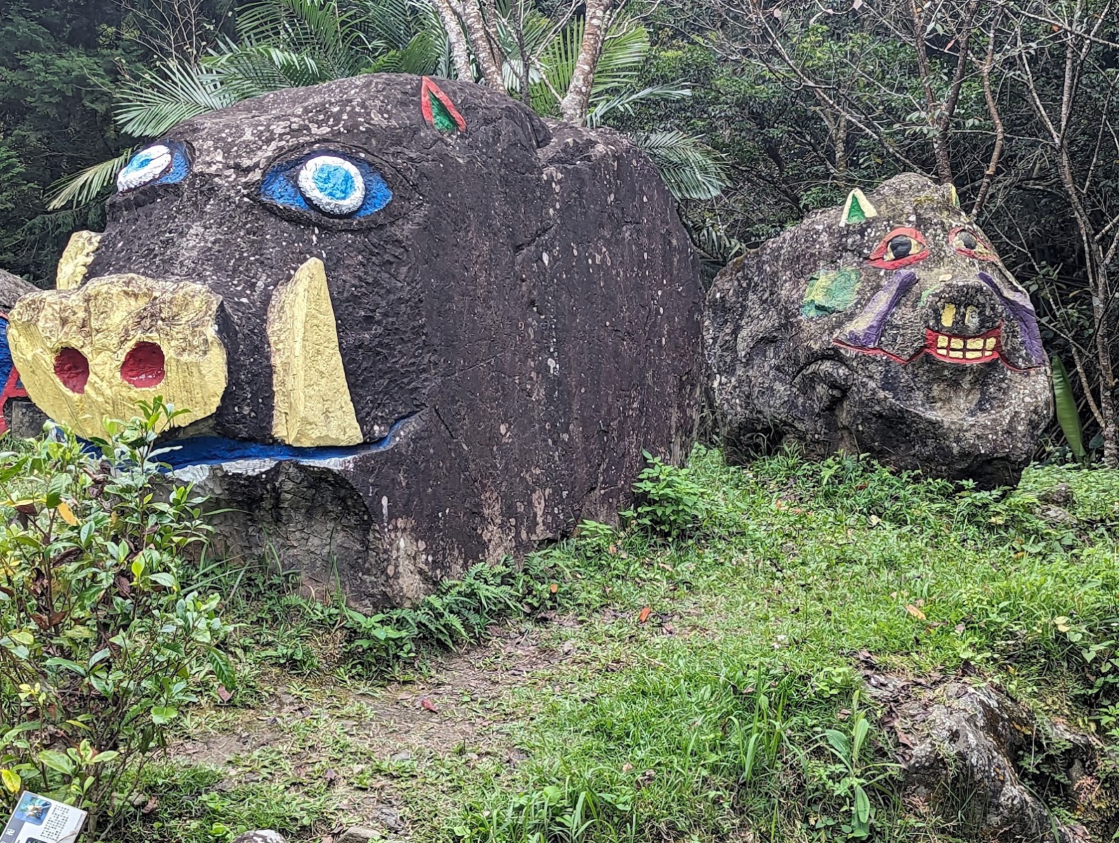 山豬公園兩顆彩繪山豬巨石特寫,藍眼睛黃獠牙造型,周圍綠色草叢