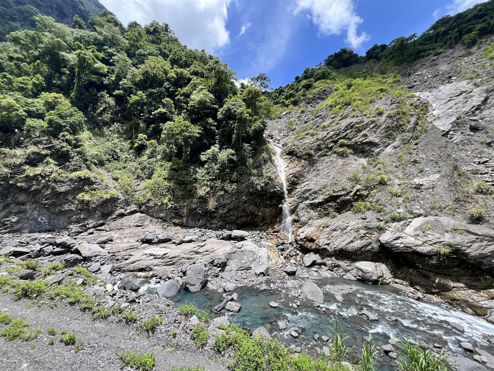 少年溪峽谷岩壁與瀑布水流近景,灰白岩石與清澈溪水