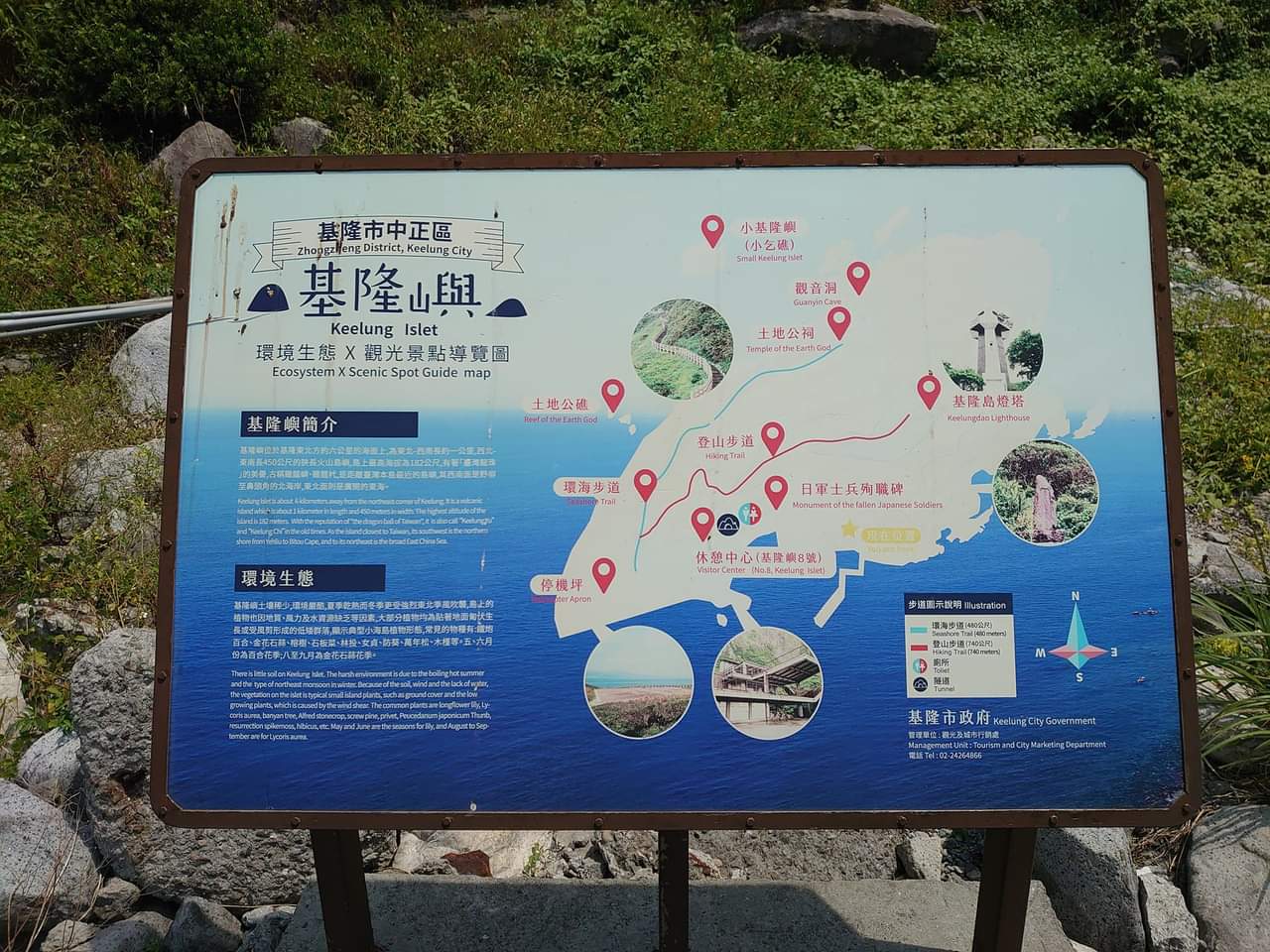 基隆嶼島上導覽地圖看板,標示步道與景點位置