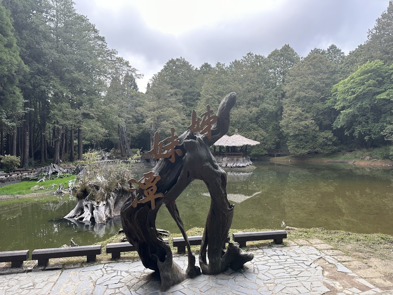 阿里山姊妹潭湖泊與涼亭景觀