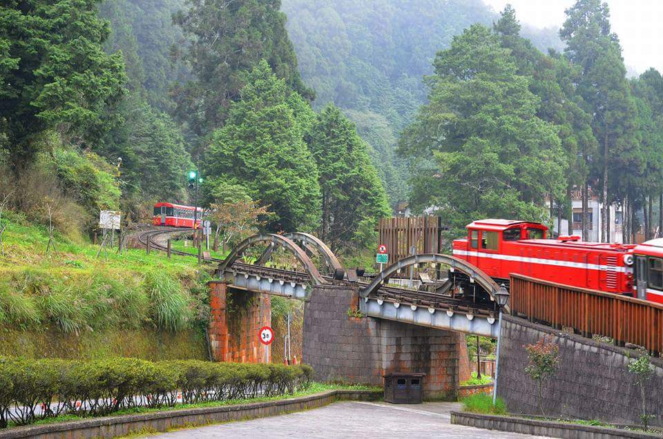 阿里山森林鐵道紅色列車穿越山林鐵橋