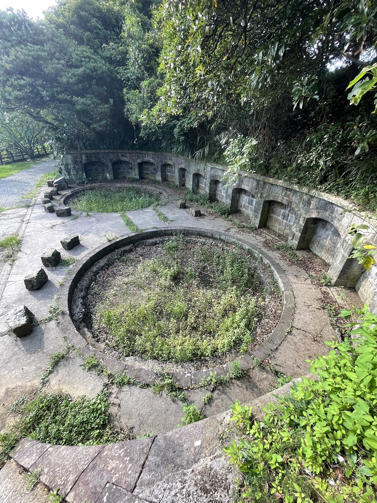 槓子寮炮台榴彈炮座區雜草叢生的圓形砲座遺跡