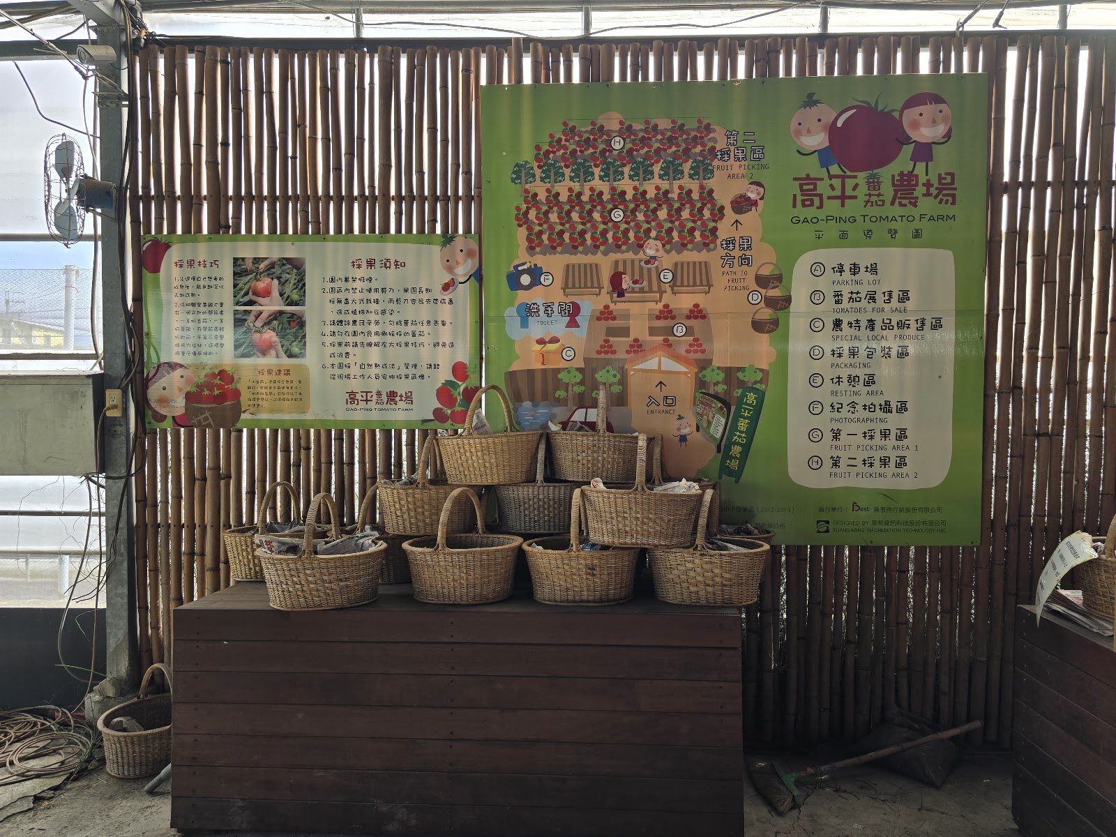 金勇番茄農場竹編牆面招牌與新鮮蔬果籃，新竹關西人氣觀光農場