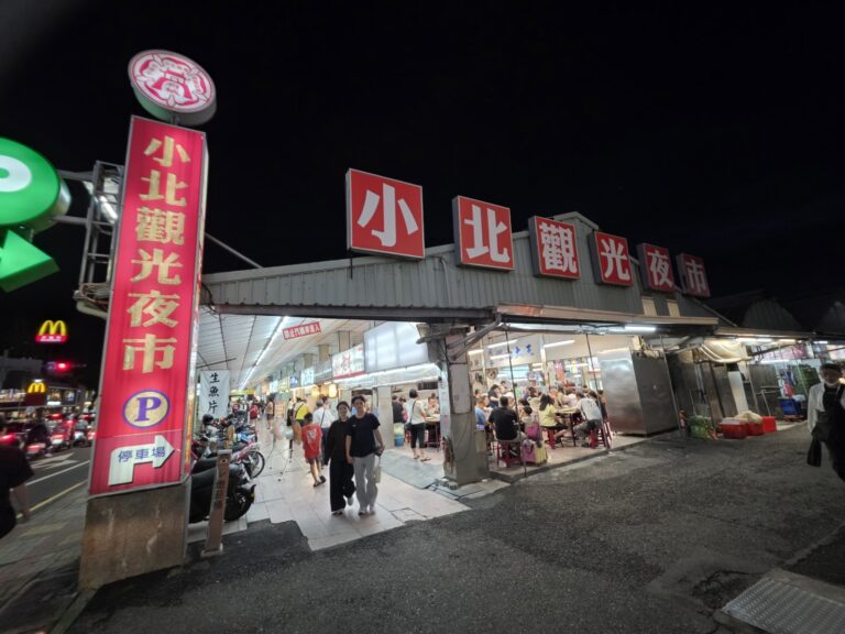 台南小北觀光夜市夜晚紅色牌樓入口，人潮往來熱鬧