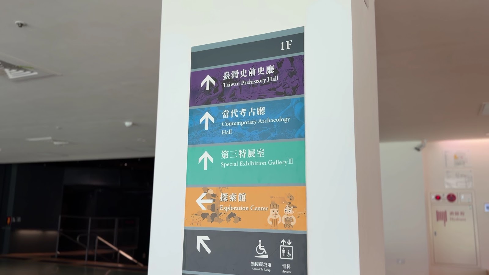 台東史前博物館一樓入口指引牌,標示各展廳方向
