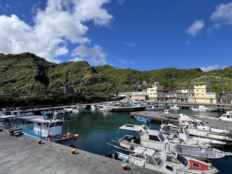 望海巷漁港全景，漁船靠泊，翠綠山丘背景，晴天藍天，新北萬里蟹一日遊