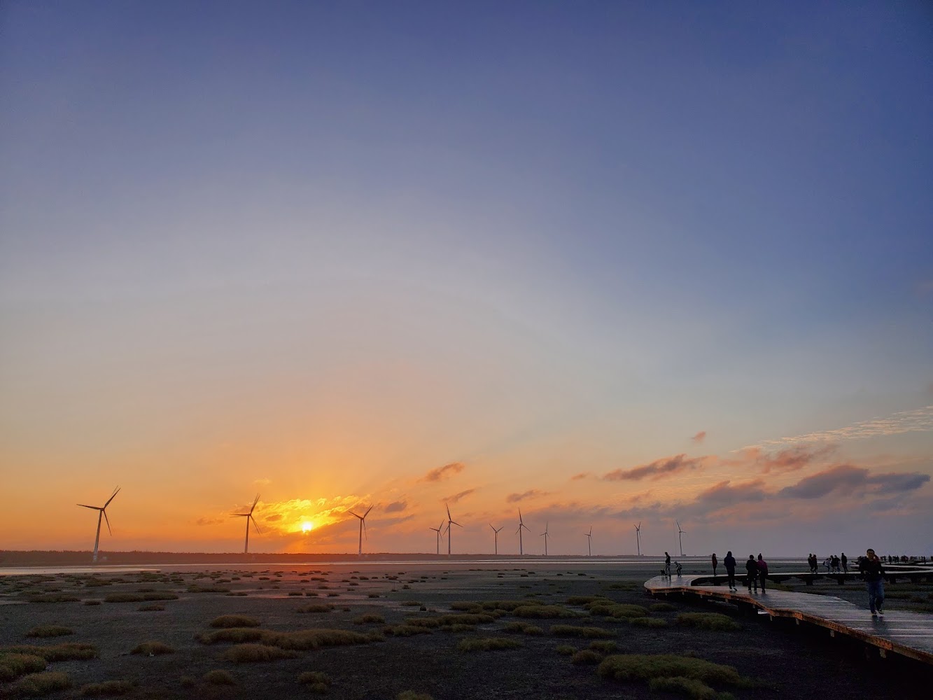 夕陽下濕地與棧道上的人群