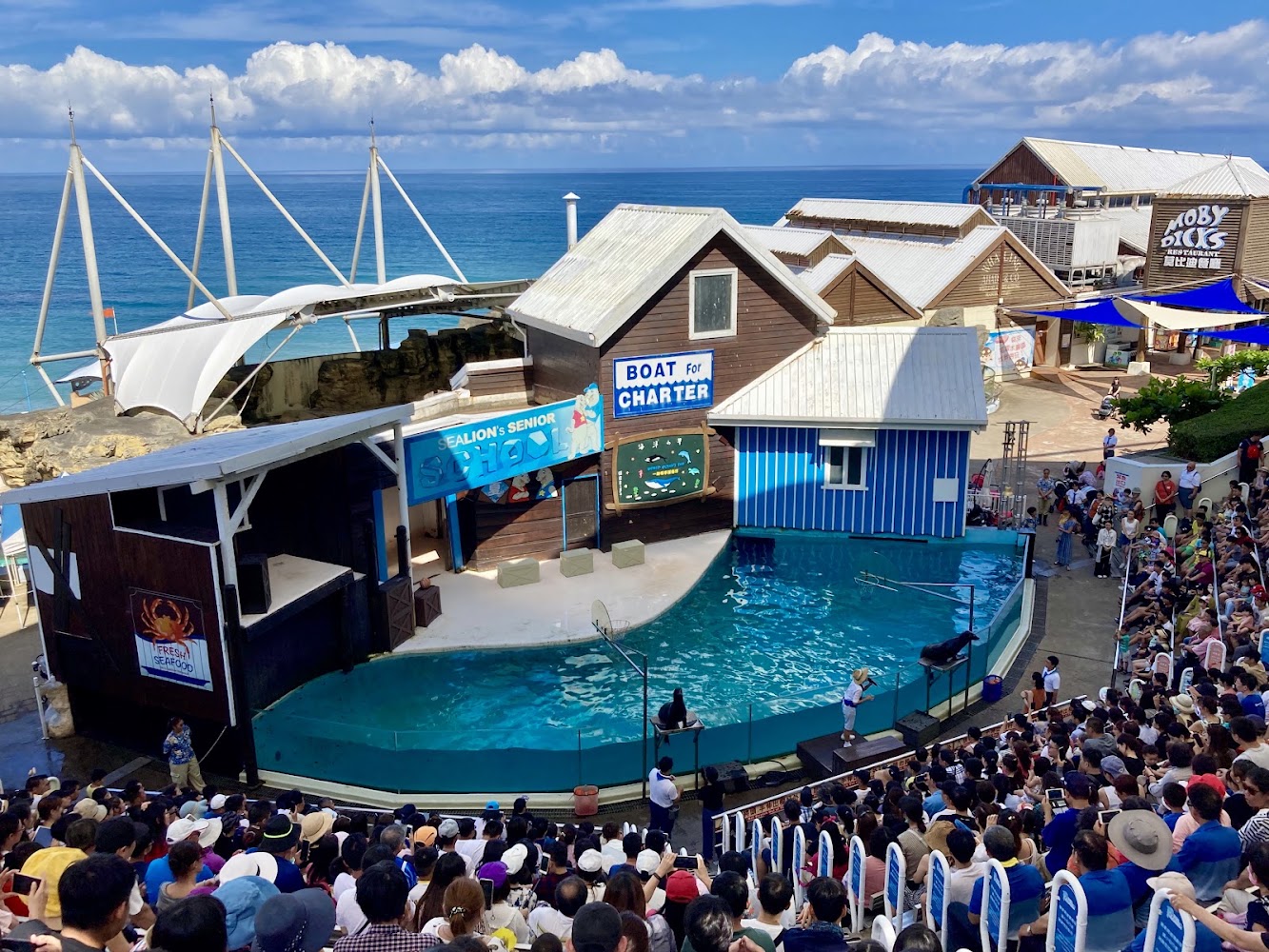 海獅秀場與後方海景藍天
