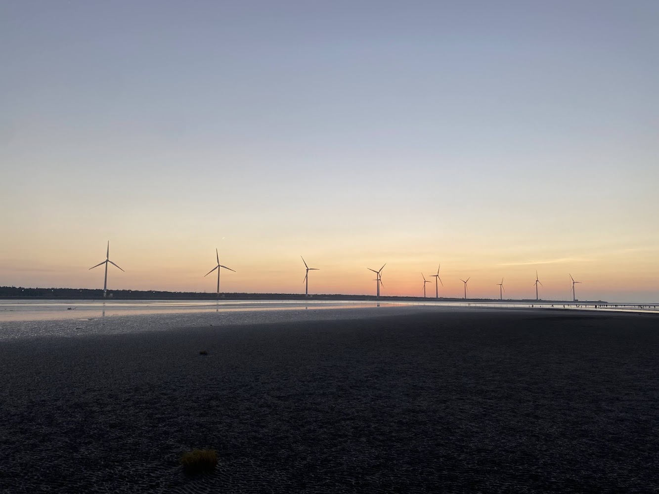 海邊沙灘夕陽與遠方風車