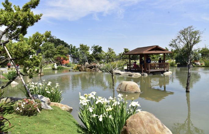 日式風格庭園,有池塘、石頭、綠樹以及木製涼亭