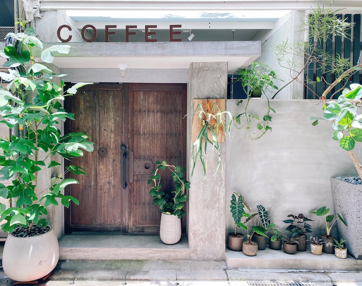 Jack & NaNa COFFEE STORE 門口植栽與木門外觀