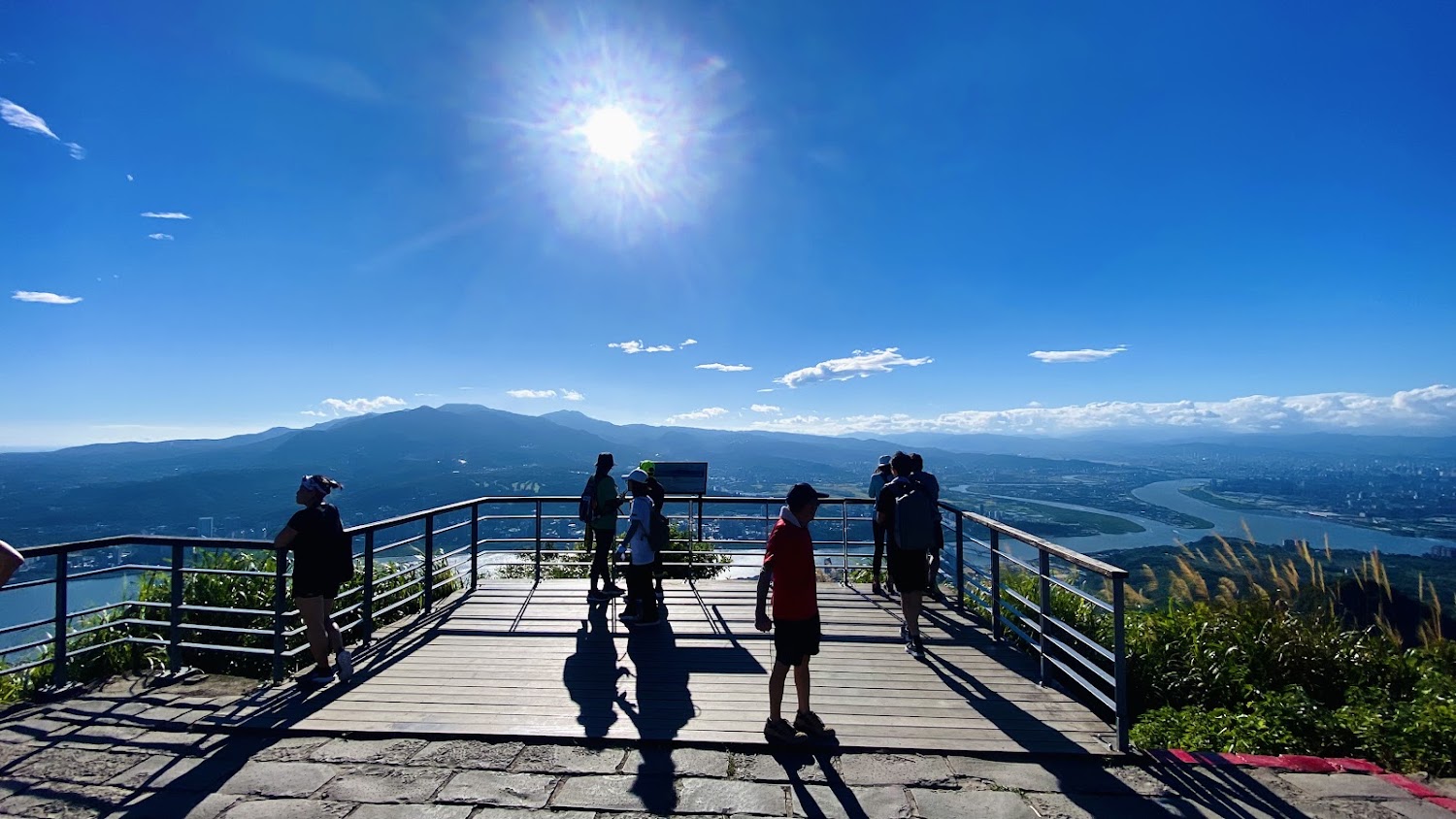觀音山觀景台與遊客欣賞山河風景