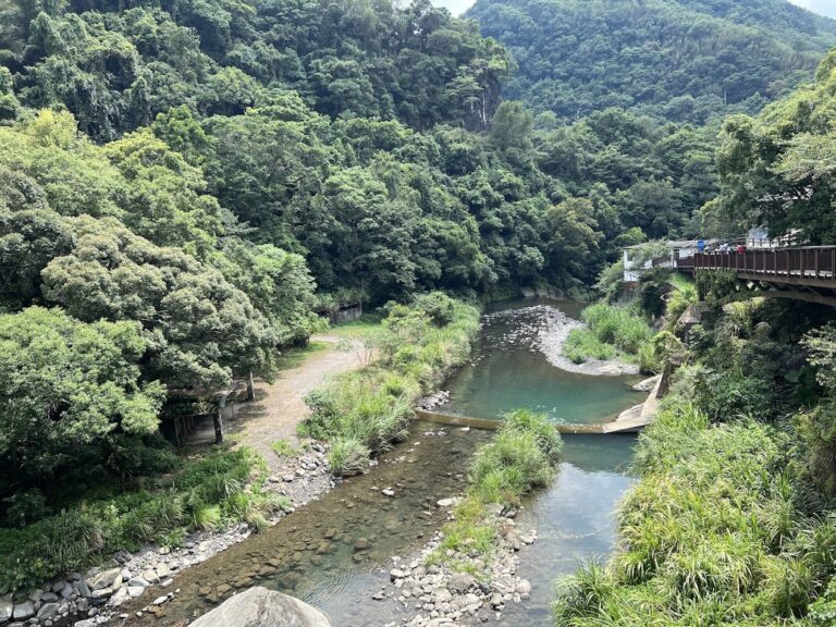 宇內溪溫泉戲水區河流與綠色森林步道景觀