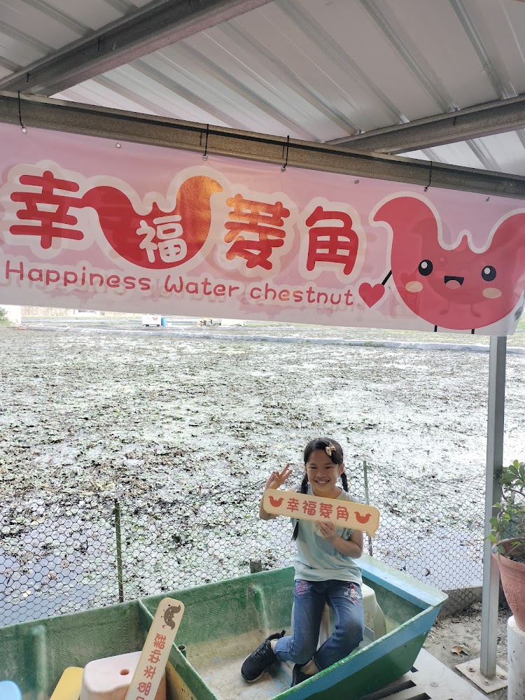 幸福菱角主題橫幅與池塘邊親子場景