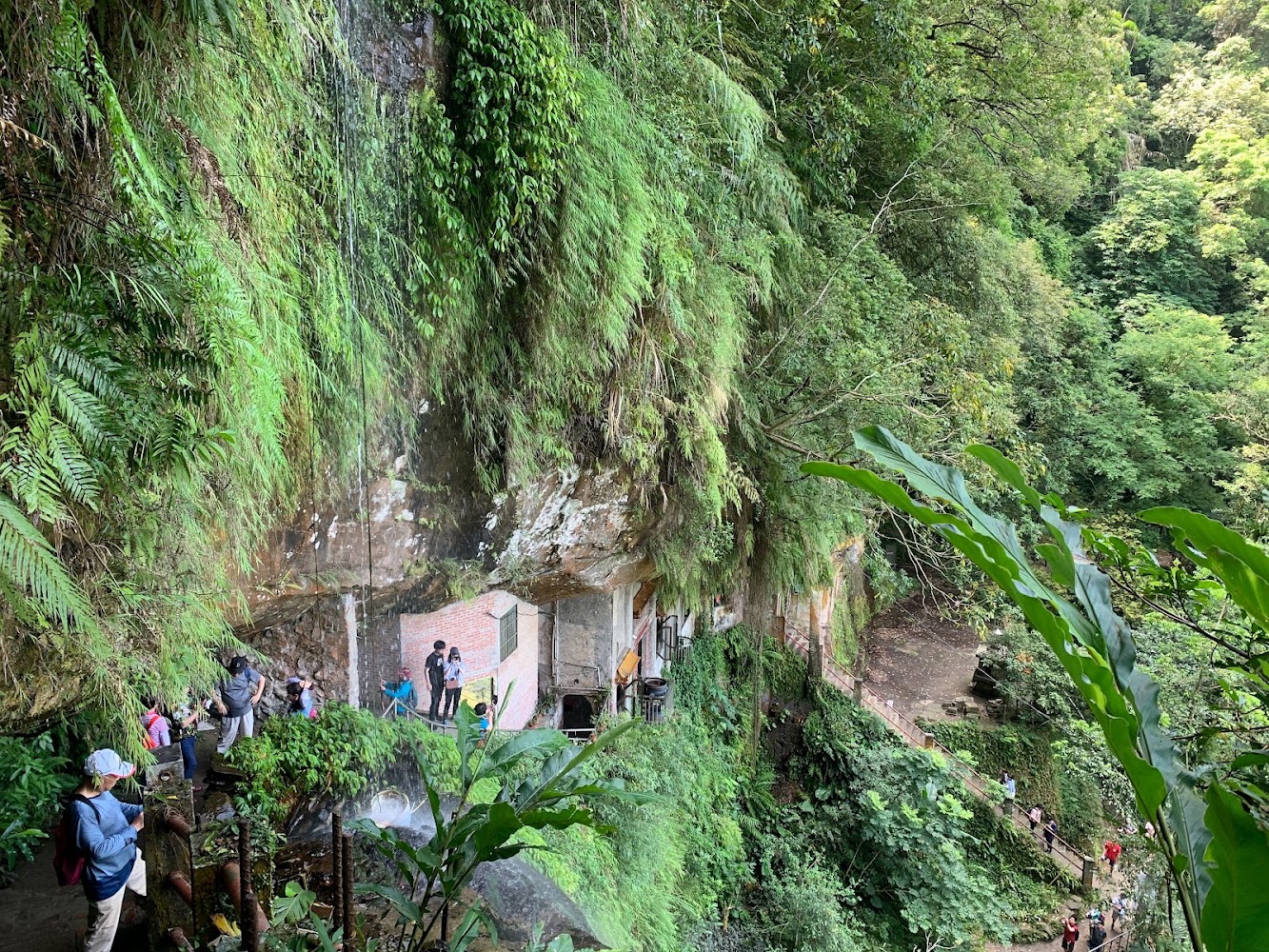 山林步道旁有岩壁與瀑布流水