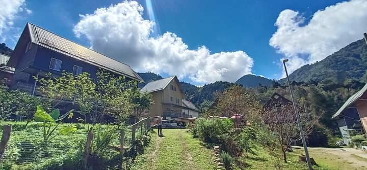 山區村落中的木屋與草地高山景色